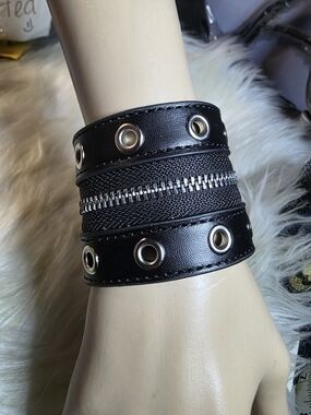 Black Faux Leather Wide Wrap Bracelet with Silver Grommets & Zipper